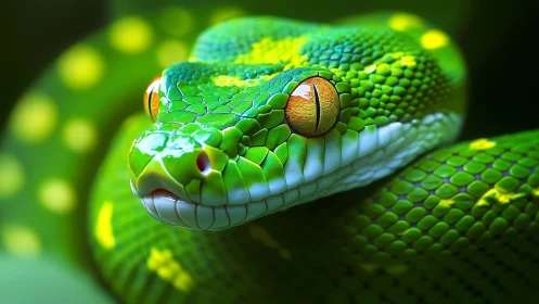 Close-up render records green snake head and textured scales