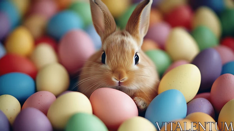 Easter bunny nestles among colorful pastel eggs closely