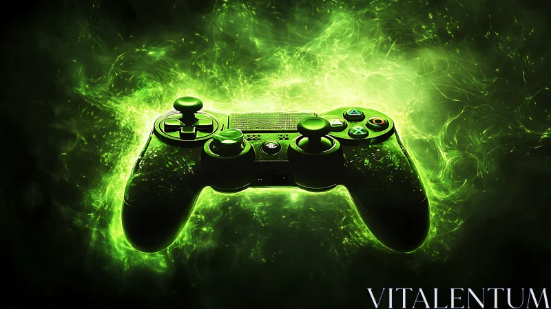 Glowing green game controller in vivid digital energy field.