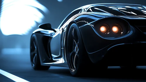 Midnight supercar glows under neon tunnel reflections.