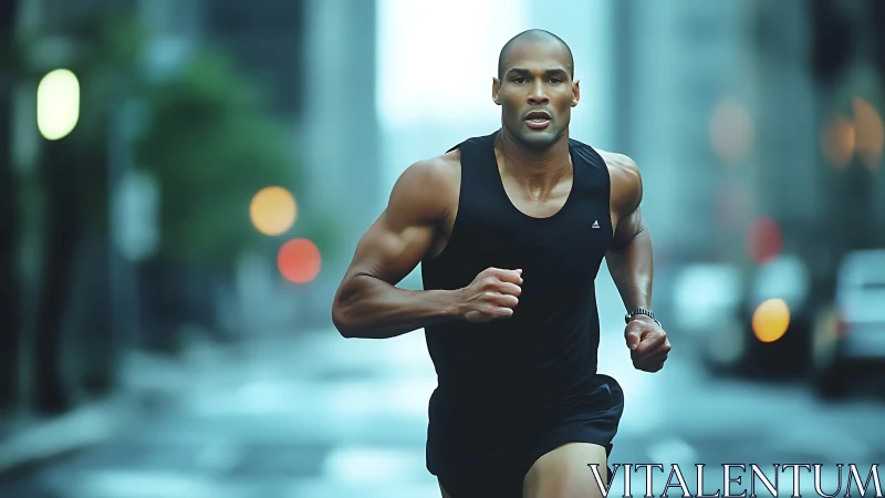 Urban street runner in motion, shallow depth and bokeh glow