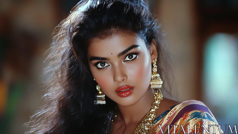 Intense gaze of woman in ornate sari and gold jewelry portrait.