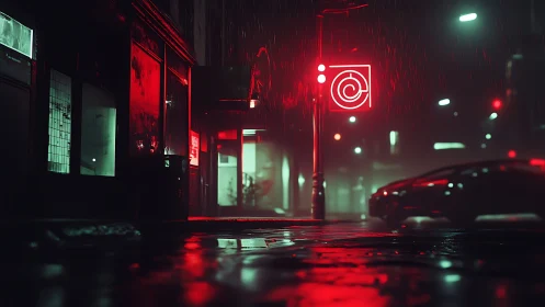 Neon red street glows through rainfall in a moody night city