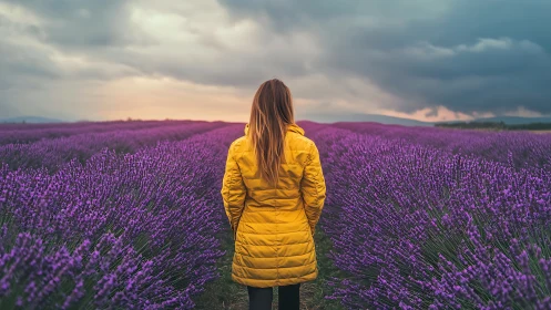 Photorealistic rear-view portrait in structured lavender field.