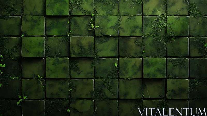 Moss covered square tiles with scattered foliage detail.