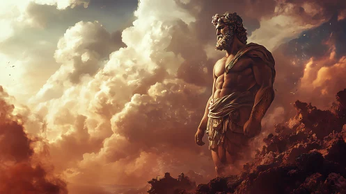 Colossal mythic titan surveys storm-lit volcanic horizon