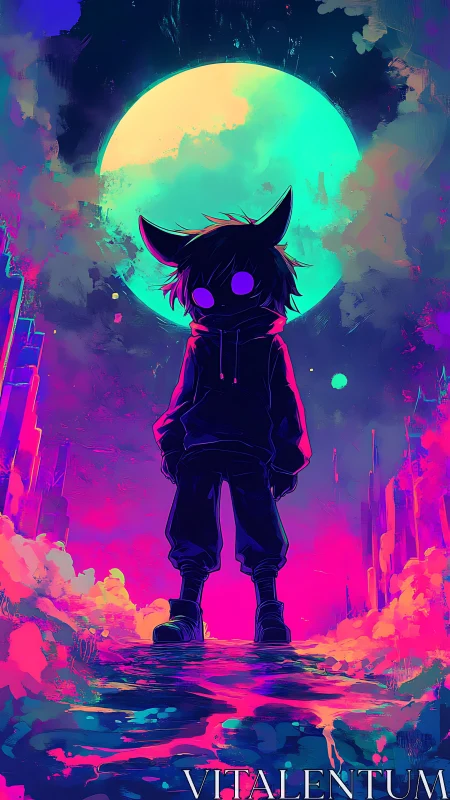 Silhouetted hooded figure stands before a luminous teal moon