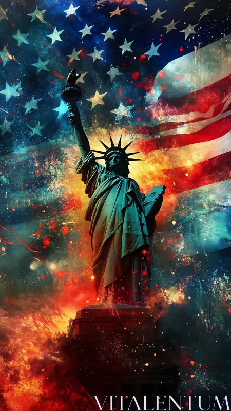 Statue of Liberty against dynamic abstract American flag backdrop