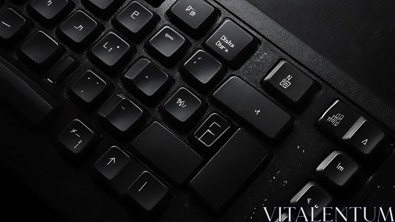 Oblique close-up of worn black keyboard with subtle backlight.