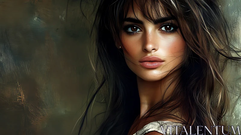 Digital portrait of intense brunette woman against abstract haze.