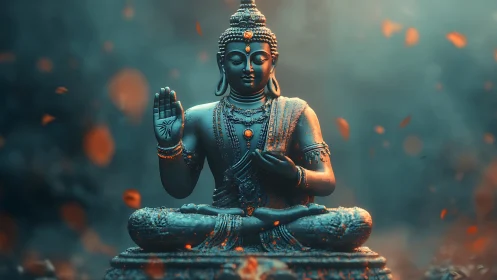 Gentle meditating Buddha statue welcomes calm and quiet hearts