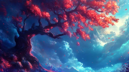 Spectral crimson canopy over luminescent cloud horizon.