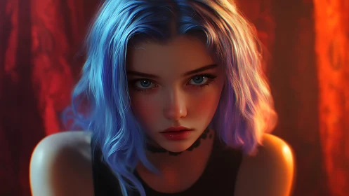 Cinematic portrait of blue‑haired girl in dramatic warm backlight
