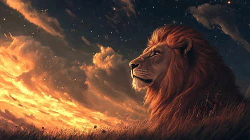 Lion profile against luminous clouded dusk sky.