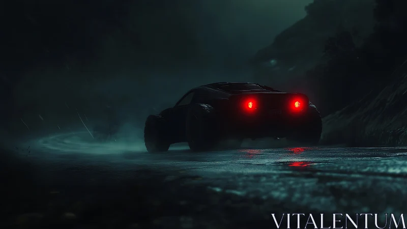 Midnight road racer gliding through misty mountain curves.