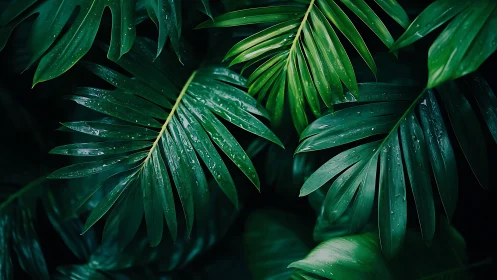 Close-up of layered tropical palm leaves with water droplets.