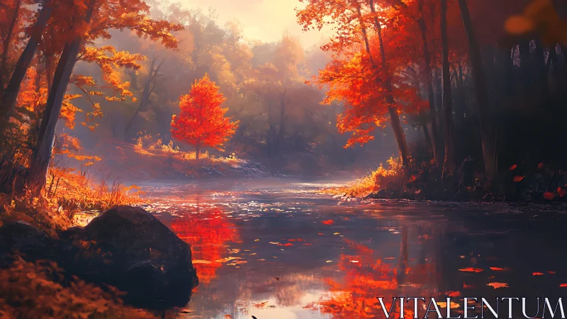 Luminous autumn riverbank with radiant scarlet foliage.