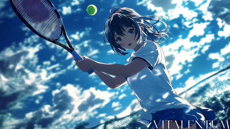 Summer sky tennis swing with wind-tossed determination.
