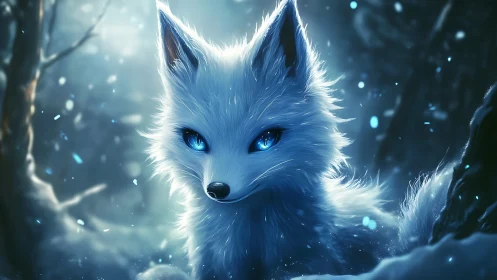 White mystical fox with glowing blue eyes in snowy forest.