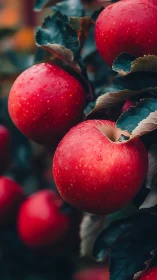 Morning dew on ripe red apples in a cozy garden orchard.