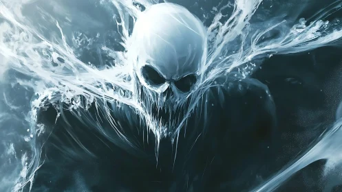 Skull-like spectral figure formed from fluid white streaks.