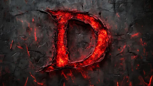 Fiery infernal letter D glows against charred stone wall.