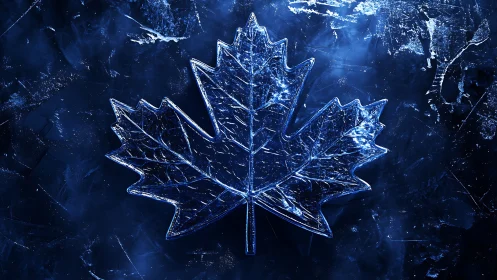 Glowing ice maple leaf floats in a deep frozen blue void