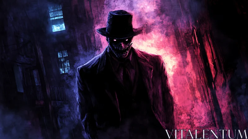 Midnight top-hatted nightmare strolls through neon smoke