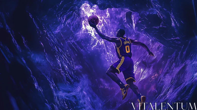 Dynamic basketball player leaps through glowing cosmic vortex