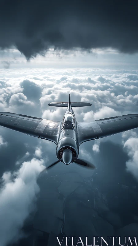 Vintage fighter plane cutting through dramatic storm clouds.