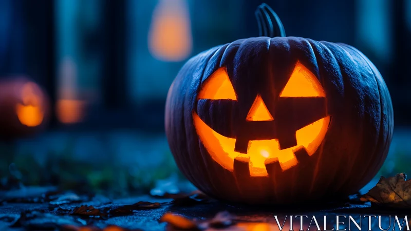 Cheerful jack o’lantern glows warmly on a moody fall night