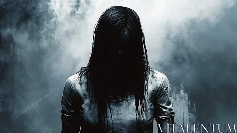 Haunting figure looms in dark fog, evoking cold dread