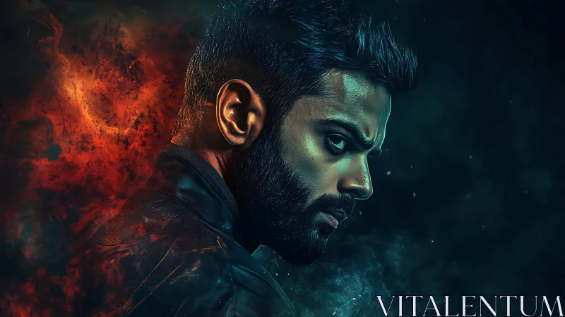Bearded man in profile glares amid fiery and smoky colors