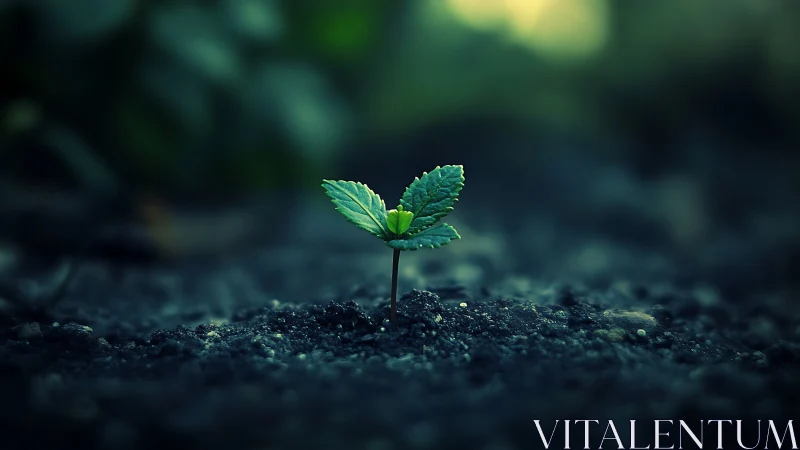 Single green seedling emerging from dark soil surface.