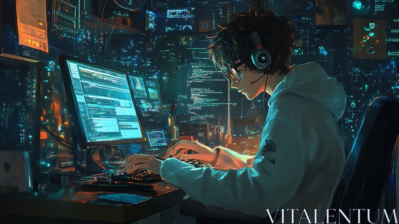 Midnight coder bends neon data streams into quiet brilliance