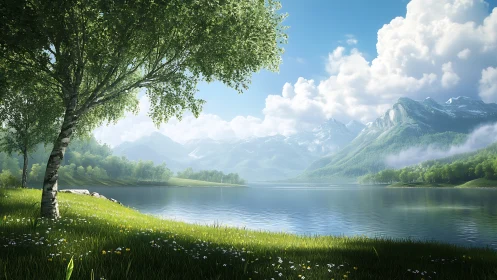 Photorealistic alpine lakeside landscape under birch canopy.