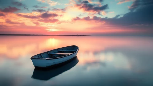 Isolated rowboat on glassy water under high-saturation sunset gradient