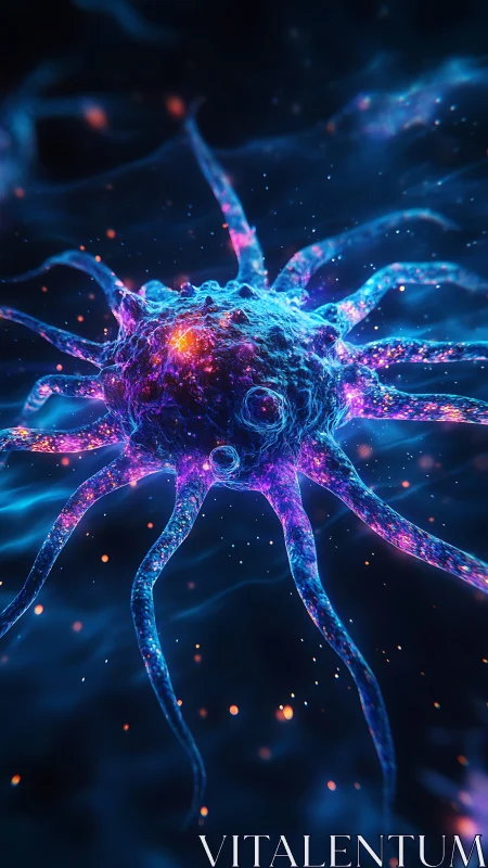 Bioluminescent neural cell rendered as cosmic microstructure.