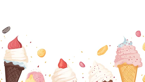 Whimsical ice cream cones with fruit accents on white.
