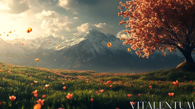 Sunlit blossom meadow stretches toward distant snowy peaks