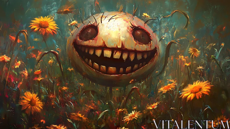 Grotesque smiling orb among glowing wildflowers at dusk.