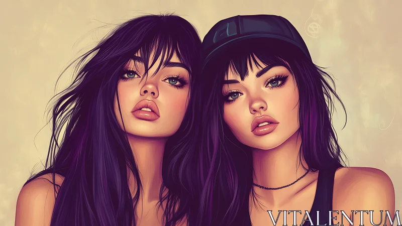 Confident twin friends sharing a stylish, dreamy moment together.