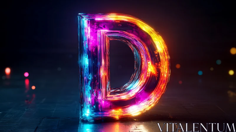 Neon letter D ignites glassy contours with electric glow.