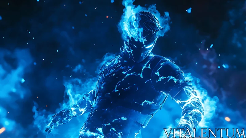 Electric blue spirit warrior rising from crackling flames.