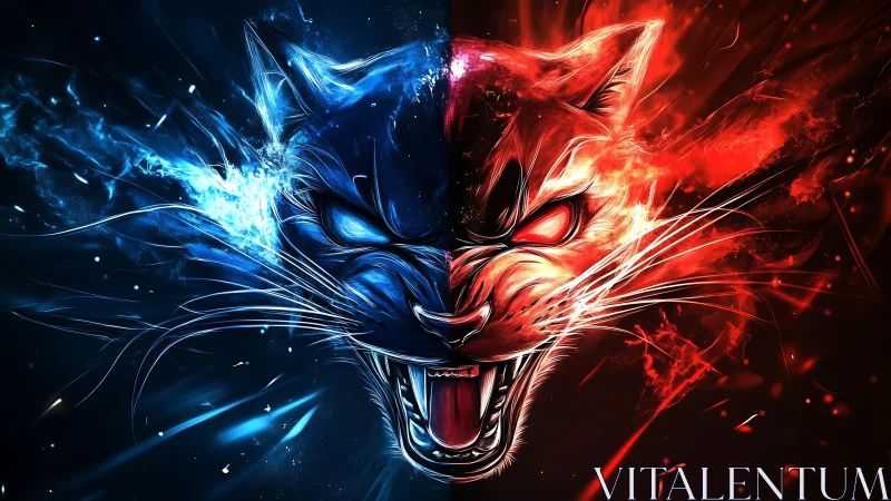 Bipartite feline face in blue and red energy contrast.