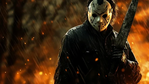 Masked slasher stalks through ember rain in a burning forest.