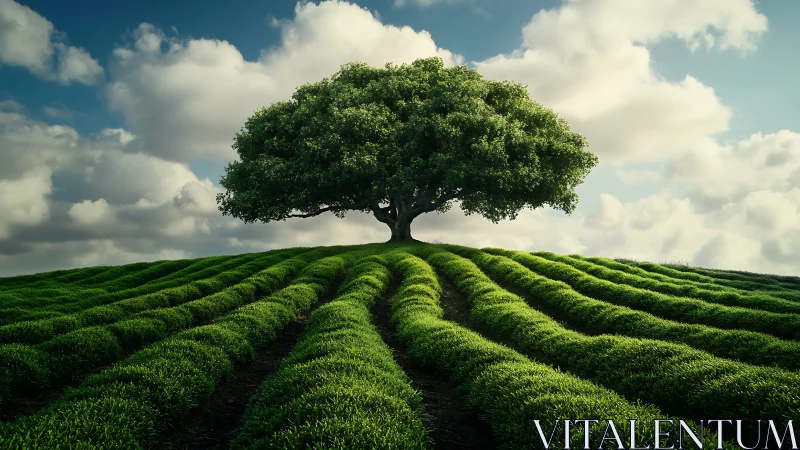 Majestic Oak Tree on Lush Green Field Under Dramatic Sky, Photorealism.