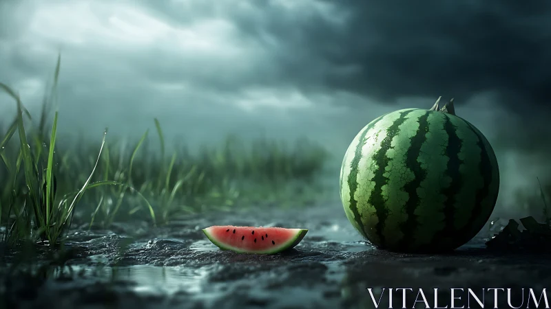 Whole and sliced watermelon on wet ground under stormy sky.