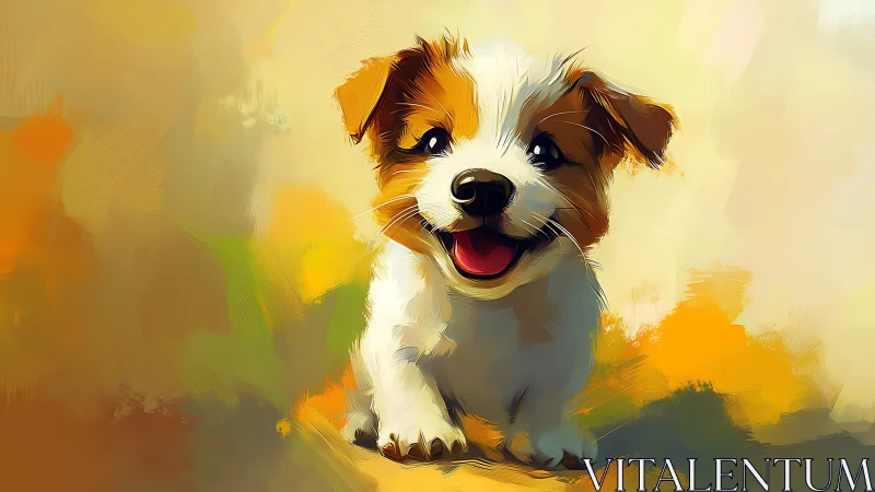 Joyful puppy portrait glows in warm painterly colors.
