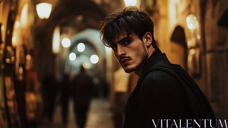 Moody portrait in warm-lit historic night alleyway.